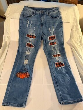 #238 Women's Distressed Jeans with Plaid Patches & Pumpkin Graphic